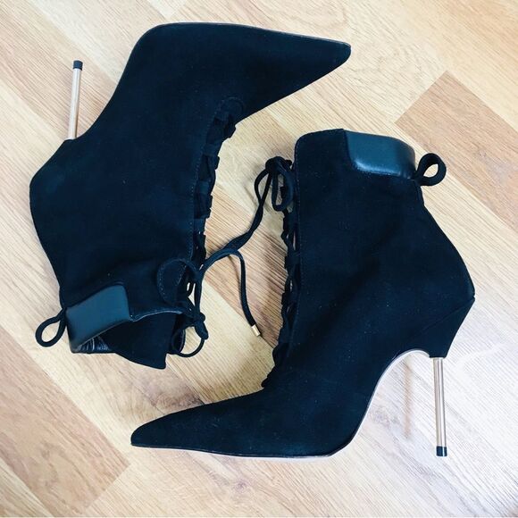 GOOD AMERICAN Black Suede Stiletto Lace Up Ankle Boot Bootie Hiking Size 5.5 New - Picture 8 of 11